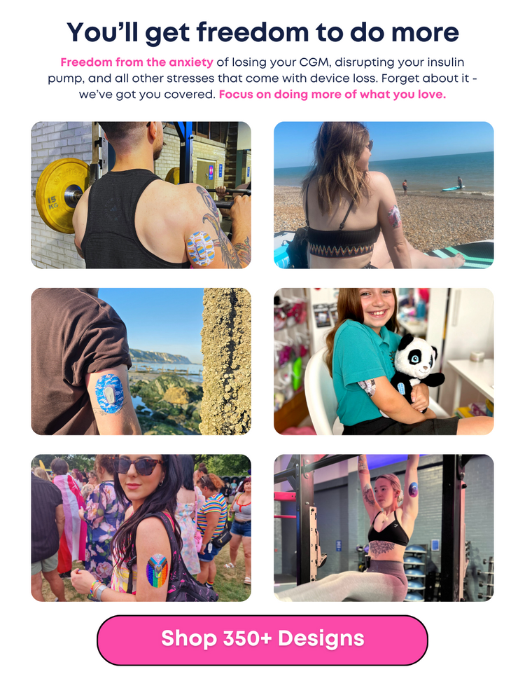 Lots of people with type one diabetes wearing adhesive CGM patches by type one style